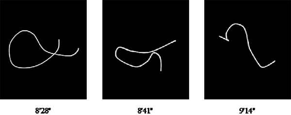  Traces of the hand movements that co-occur with Sa-Ri-Sa at 8'28, 8'41, and 9'14 showing the influence of the phrase as a whole on the gesture. In the first two images the phrase sung consists only of the svaras Sa-Ni-Sa-Ri-Sa. However, at 9'14 Sa-Ri-Sa occurs at the end of a long phrase, and the gesture loses its distinctive trajectory of a move out to the side and return to center.