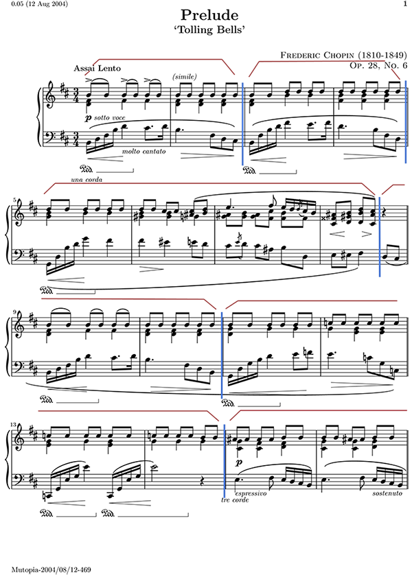 Chopin's Prelude in B minor (Op.28:6); full score. The scores of Chopin's Prelude in B minor is presented overleaf. Horizontal and vertical lines outwith the musical score indicate the eight phrasing boundaries as described by the musical analysis in body of the text. Score images have been obtained from http://mutopiaproject.org, where unrestricted modification is permitted as editions have been contributed to the public domain.