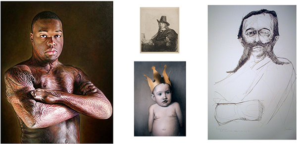 Reconstructed installation view from STARING, Van Every Gallery, Davidson College, 2009. Left to right: Doug Auld, Jelani, 2005, oil on linen, 40 x 50 in. (101.6 x 127 cm), collection of the artist; Rembrandt Harmenszoon van Rijn, Jan Asselyn, Painter, ca. 1647, etching, 14 x 15 in. (35.56 x 38.1 cm), Davidson College Art Collection; Chris Rush, Paper Crown, 2001, cont&eacute; crayon on paper, 19 x 14 in. (48.26 x 35.56 cm), collection of Steve Johnstone and Adam Geary; John Sandlin, Lt. W.W. Cooke, 1973, lithograph, 30 x 40 in. (76.2 x 101.6 cm) unframed, Davidson College Art Collection.
