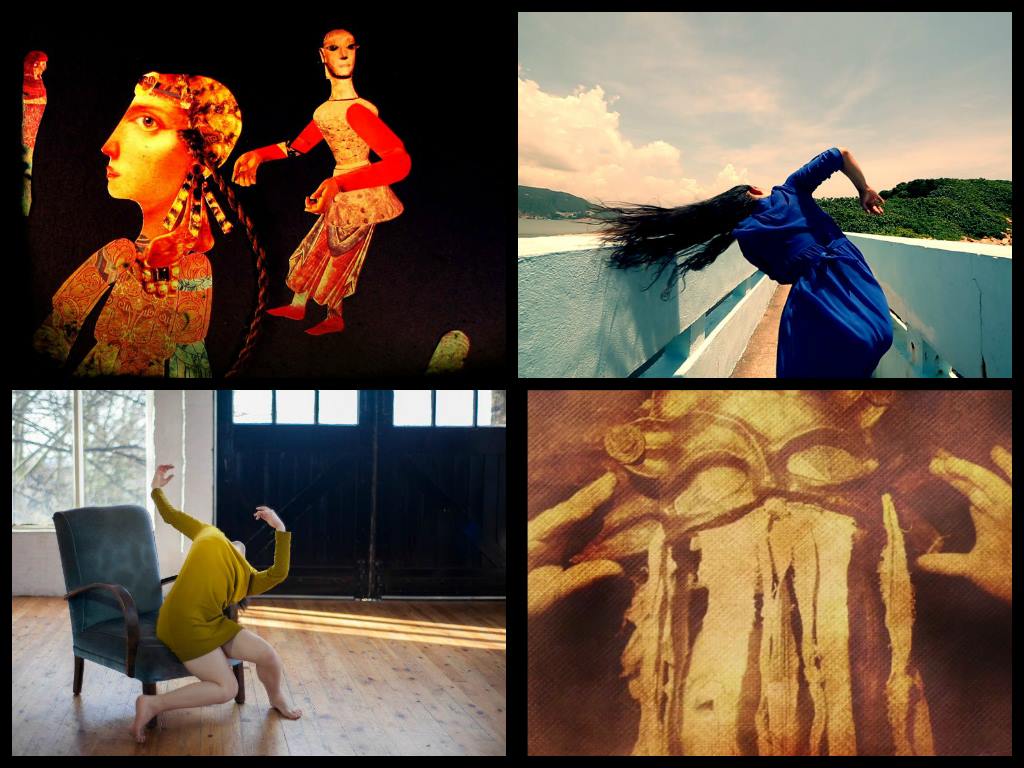Four contributions to the Sacre/ilège(s) project by (top left to bottom right): Diana Heyne, Maurice Lai, Guy Wigmore and Franck Boulègue. Photo courtesy of Festival International de Vidéo Danse de Bourgogne/Body Cinéma