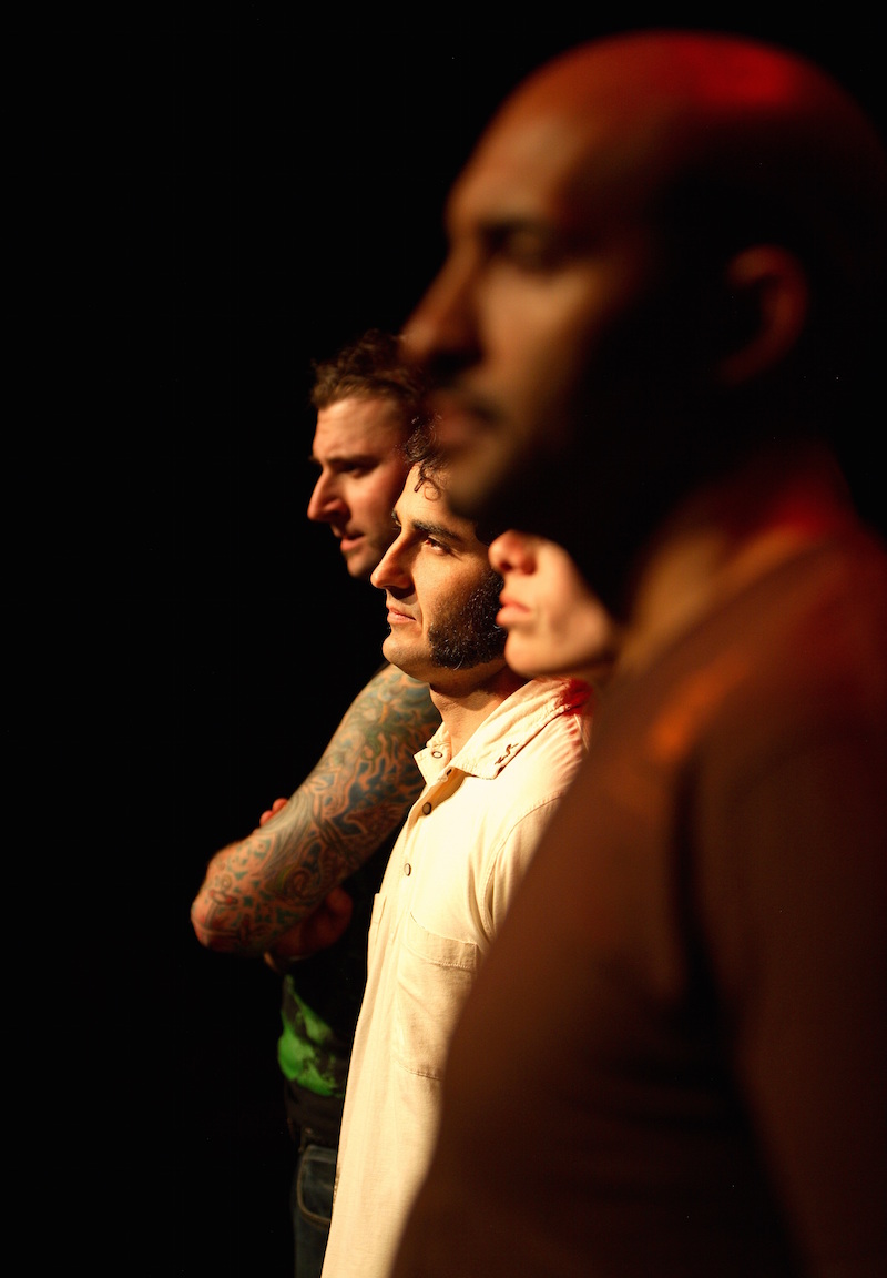 Veterans in Action Conversations. Performers from left to right: Aaron McCollum, Manuel Flores, Eva Aymami, Cidkyee Williams. Photo by Rose Eichenbaum, courtesy Victoria Marks. Highways Performance Space, Santa Monica, CA, 2008.