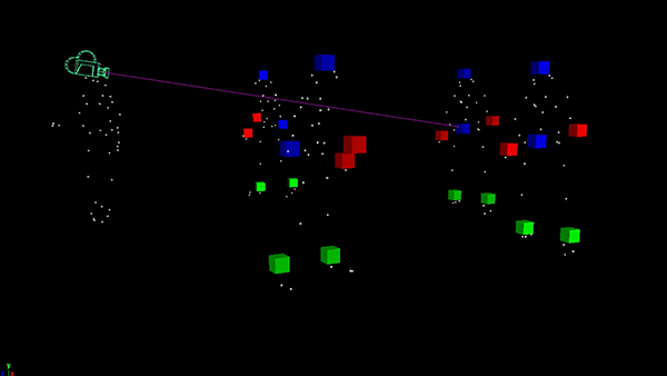 Motion Capture visualization; camera tethered to Dancer 1 head marker.