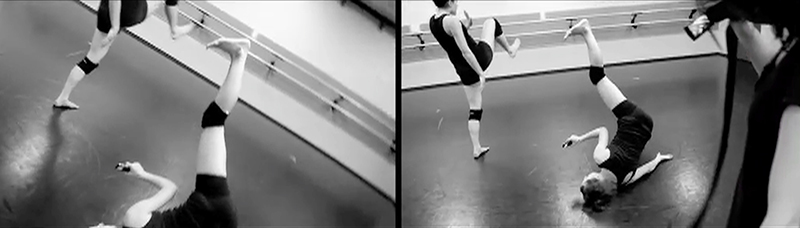 Dancers Xinia Alderson, Jane Carter and Aya Nakamura studio footage; Thera-band bound to two Flip cameras connecting two dancers holding tethered cameras.